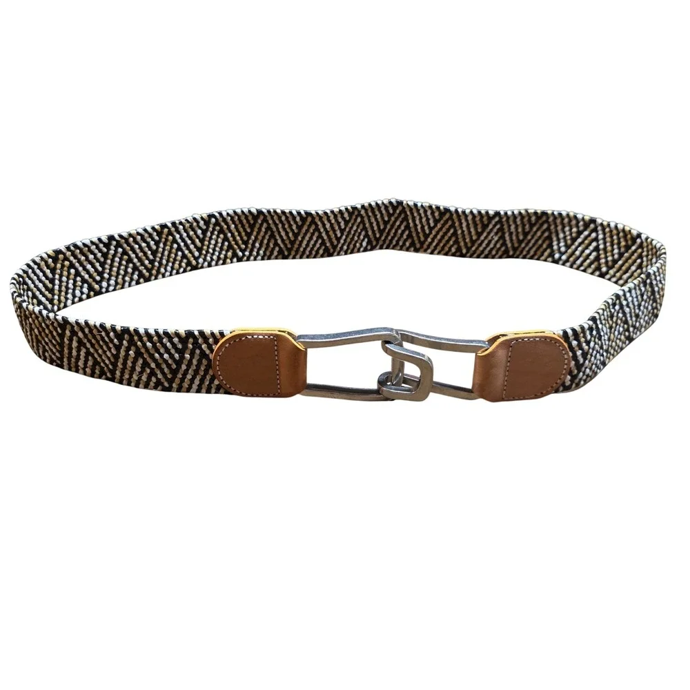 90s Coldwater Creek Woven Raffia Elastic Belt Leather L/XL Black Tan Chevron